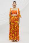 Buy_Vikram Phadnis_Orange Modal Satin, Bustier  Silk Mirror, Thread, Print Cape Flared Pant Set_Online_at_Aza_Fashions