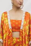 Vikram Phadnis_Orange Modal Satin, Bustier  Silk Mirror, Thread, Print Cape Flared Pant Set_at_Aza_Fashions
