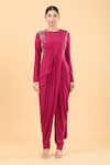 Namrata Joshipura_Magenta Jersey Round Embellished Jumpsuit Saree _Online_at_Aza_Fashions