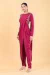 Buy_Namrata Joshipura_Magenta Jersey Round Embellished Jumpsuit Saree _Online_at_Aza_Fashions