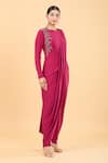 Shop_Namrata Joshipura_Magenta Jersey Round Embellished Jumpsuit Saree _Online_at_Aza_Fashions