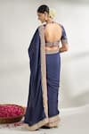 Shop_Gopi Vaid_Blue Saree Chiffon Embroidery Lace Blunt V Neck Border With Blouse _at_Aza_Fashions