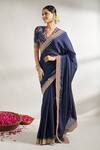 Gopi Vaid_Blue Saree Chiffon Embroidery Lace Blunt V Neck Border With Blouse _Online_at_Aza_Fashions