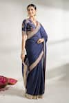 Buy_Gopi Vaid_Blue Saree Chiffon Embroidery Lace Blunt V Neck Border With Blouse _Online_at_Aza_Fashions