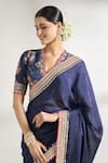 Gopi Vaid_Blue Saree Chiffon Embroidery Lace Blunt V Neck Border With Blouse _at_Aza_Fashions