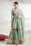 Buy_Gopi Vaid_Green Kurta And Sharara Cotton Silk Printed Garden V Neck Peplum Set _at_Aza_Fashions