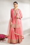 Buy_Gopi Vaid_Pink Kurta And Sharara Cotton Silk Printed Bouquet V Neck Set _at_Aza_Fashions