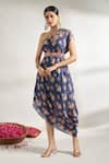 Buy_Gopi Vaid_Blue Cotton Silk Printed Floral Asymmetric One Shoulder Dress With Belt _at_Aza_Fashions