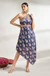 Buy_Gopi Vaid_Blue Cotton Silk Printed Floral Asymmetric One Shoulder Dress With Belt _Online_at_Aza_Fashions