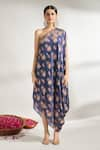 Gopi Vaid_Blue Cotton Silk Printed Floral Asymmetric One Shoulder Dress With Belt _at_Aza_Fashions