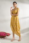 Buy_Gopi Vaid_Yellow Cotton Silk Printed Floral Asymmetric Dress With Belt _Online_at_Aza_Fashions