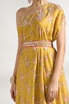 Shop_Gopi Vaid_Yellow Cotton Silk Printed Floral Asymmetric Dress With Belt _Online_at_Aza_Fashions