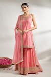 Buy_Gopi Vaid_Pink Cotton, Silk, Chiffon Gota Patti, Cut Florette Print Kurta Sharara Set _at_Aza_Fashions
