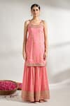 Gopi Vaid_Pink Cotton, Silk, Chiffon Gota Patti, Cut Florette Print Kurta Sharara Set _Online_at_Aza_Fashions