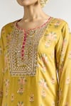 Buy_Gopi Vaid_Yellow Cotton Silk Printed Floral Notched Tunic _Online_at_Aza_Fashions