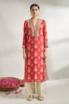 Gopi Vaid_Red Cotton Silk Printed Floral V Neck Tunic _Online_at_Aza_Fashions