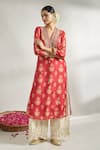 Buy_Gopi Vaid_Red Cotton Silk Printed Floral V Neck Tunic _Online_at_Aza_Fashions