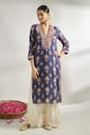 Buy_Gopi Vaid_Blue Cotton Silk Printed Floral V Neck Flower Tunic _at_Aza_Fashions