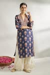 Gopi Vaid_Blue Cotton Silk Printed Floral V Neck Flower Tunic _Online_at_Aza_Fashions