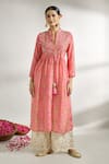 Buy_Gopi Vaid_Pink Cotton Silk Printed Floral Band Collar Gathered Tunic _at_Aza_Fashions