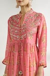 Buy_Gopi Vaid_Pink Cotton Silk Printed Floral Band Collar Gathered Tunic _Online_at_Aza_Fashions