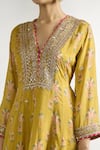 Shop_Gopi Vaid_Yellow Anarkali Cotton Silk Printed Floral V Neck Flower Short Dhoti Pant Set _Online_at_Aza_Fashions