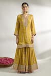 Gopi Vaid_Yellow Kurta And Sharara Cotton Silk Embroidered Floral V Neck Jaal Pattern Set _Online_at_Aza_Fashions