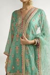 Shop_Gopi Vaid_Green Kurta And Sharara Cotton Silk Embroidered Floral V Neck Pattern Set _Online_at_Aza_Fashions