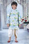 Buy_Little Bansi_Blue Cotton Printed Flora And Fauna Kaam Dhenu Cow Sherwani With Dhoti _at_Aza_Fashions