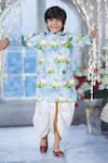 Buy_Little Bansi_Blue Cotton Printed Flora And Fauna Kaam Dhenu Cow Sherwani With Dhoti _Online_at_Aza_Fashions