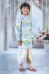 Little Bansi_Blue Cotton Printed Flora And Fauna Kaam Dhenu Cow Sherwani With Dhoti _at_Aza_Fashions