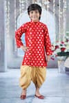 Buy_Little Bansi_Red Cotton Woven Floral Print Sherwani With Dhoti Pant _at_Aza_Fashions