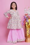 Shop_Little Bansi_Pink Cotton Embroidered Floral Garden Print Kurta Sharara Set _Online_at_Aza_Fashions