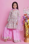 Little Bansi_Pink Cotton Embroidered Floral Garden Print Kurta Sharara Set _at_Aza_Fashions