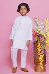 Buy_Little Bansi_White Cotton Embroidered Leaf Thread Work Kurta With Pyjama _at_Aza_Fashions