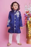 Buy_Little Bansi_Blue Sherwani Mixes Or Poly Embroidered Floral With Pyjama _at_Aza_Fashions