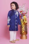 Shop_Little Bansi_Blue Sherwani Mixes Or Poly Embroidered Floral With Pyjama _Online_at_Aza_Fashions