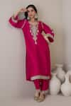 Shop_RoohbyRidhimaa_Magenta Kurta And Pant Viscose Raw Silk Hand Embroidered Zari Leaf Jalsa Set _Online_at_Aza_Fashions