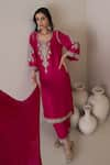 RoohbyRidhimaa_Magenta Kurta And Pant Viscose Raw Silk Hand Embroidered Zari Leaf Jalsa Set _at_Aza_Fashions