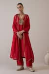 Buy_RoohbyRidhimaa_Red Kurta And Pant Viscose Raw Silk Hand Embroidered Dori V Neck Raafta Set _at_Aza_Fashions