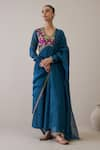 Buy_RoohbyRidhimaa_Blue Anarkali And Churidar Pure Silk Chanderi Embroidered Floral V Rimjhim Set _at_Aza_Fashions