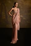 SAANJH BY LEA_Pink Chiffon Embellished Sequin Aazina Textured Pre-draped Saree With Blouse _Online_at_Aza_Fashions