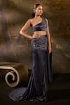 Buy_SAANJH BY LEA_Blue Satin Embellished Pearl One Shoulder Mermaid Saree Gown And Cape _at_Aza_Fashions