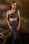 SAANJH BY LEA_Blue Satin Embellished Pearl One Mermaid Saree Gown With Detachable Cape _Online_at_Aza_Fashions