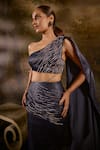 Buy_SAANJH BY LEA_Blue Satin Embellished Pearl One Shoulder Mermaid Saree Gown And Cape _Online_at_Aza_Fashions