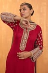 RADHA SHARMA_Red Georgette Embroidery Pearl Round Neck Mughlai Bloom Kurta Palazzo Set _Online_at_Aza_Fashions