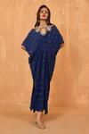 Buy_RADHA SHARMA_Blue Moss Crepe Embroidery Pearl Boat Neck Celeste Sequin Kaftan _at_Aza_Fashions