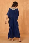 Shop_RADHA SHARMA_Blue Moss Crepe Embroidery Pearl Boat Neck Celeste Sequin Kaftan _at_Aza_Fashions