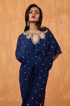 Shop_RADHA SHARMA_Blue Moss Crepe Embroidery Pearl Boat Neck Celeste Sequin Kaftan _Online_at_Aza_Fashions