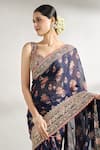 Gopi Vaid_Blue Cotton Silk Printed Flower Sweetheart Neck Saree With Blouse _at_Aza_Fashions